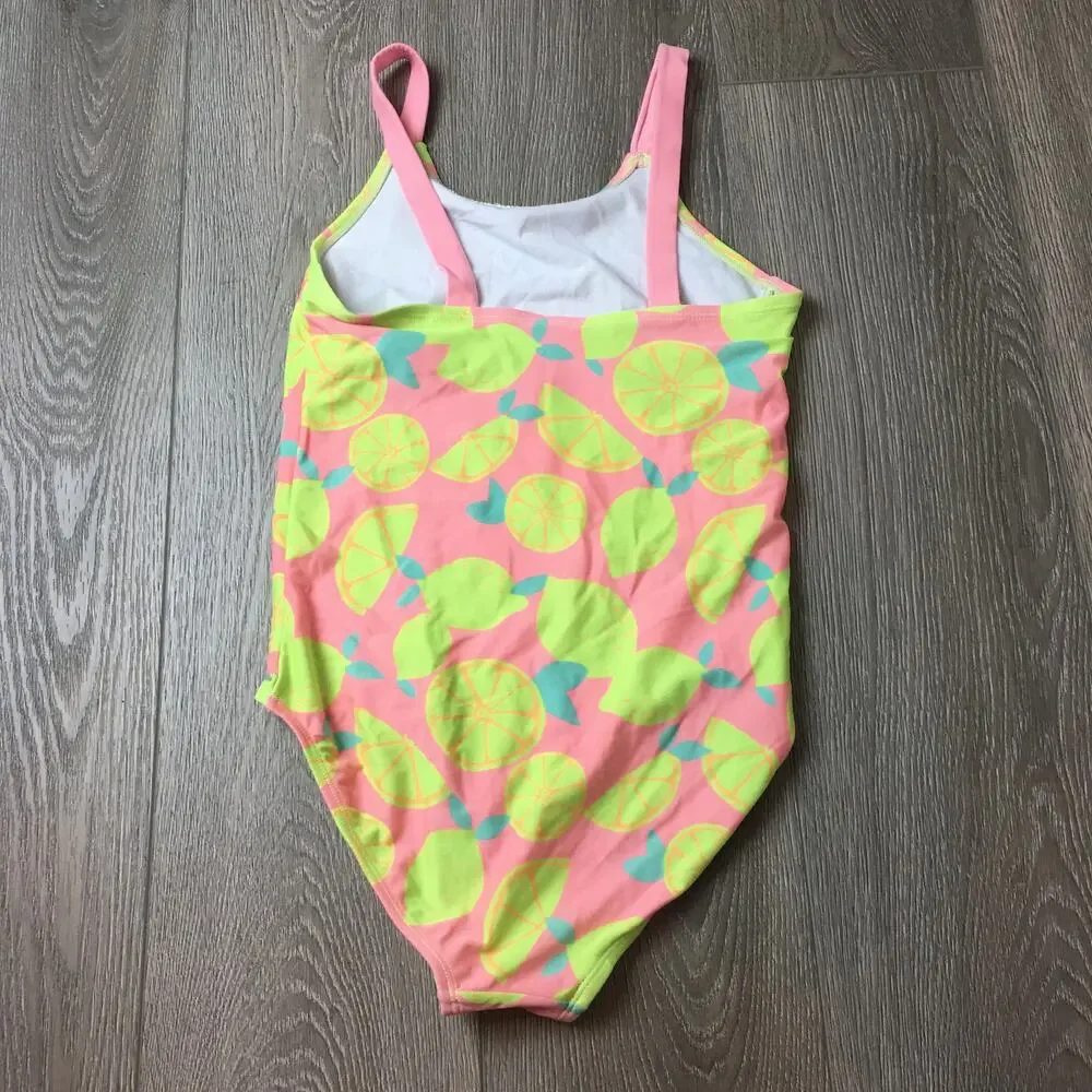 Justice Girls Lemon Print One Piece Swimsuit Yellow Pink Size 12